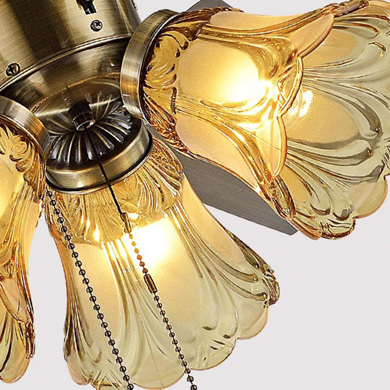 Traditional Retro Iron Flower Ceiling Fan Light — Wall Control / Wood Fan / 110V-120V For US/CA