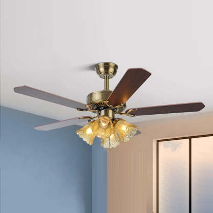 Traditional Retro Iron Flower Ceiling Fan Light — Pull Cord / Wood Fan / 110V-120V For US/CA