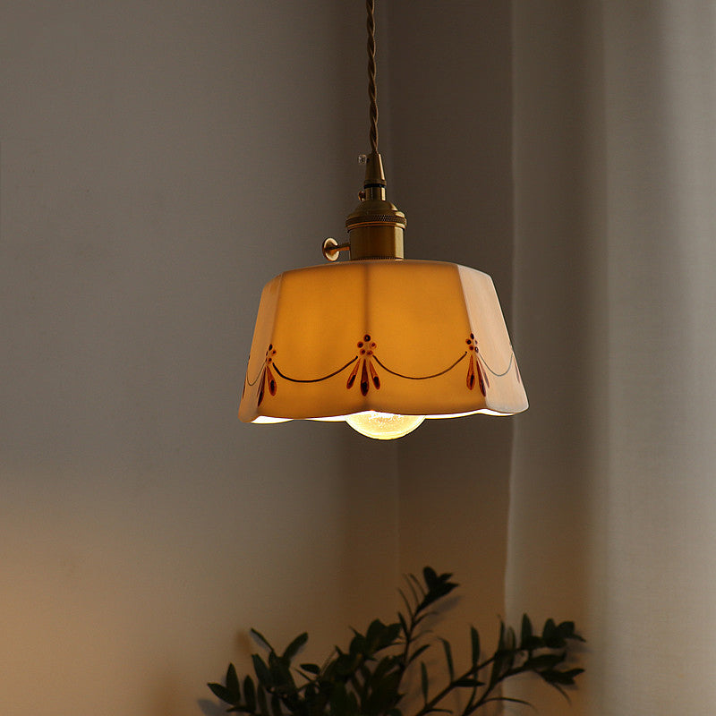 French Antique Brass Printed Ceramic Pendant Light
