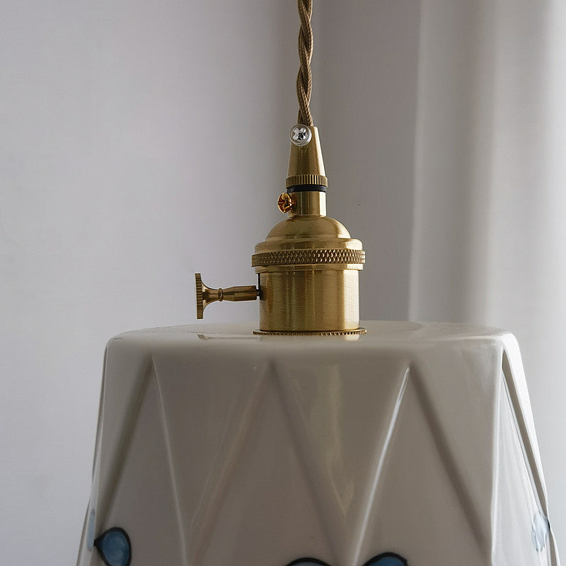 French Antique Brass Printed Ceramic Pendant Light