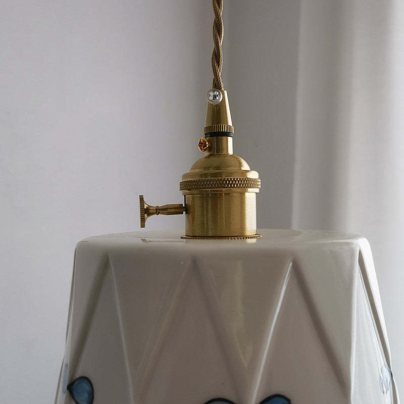 French Antique Brass Printed Ceramic Pendant Light
