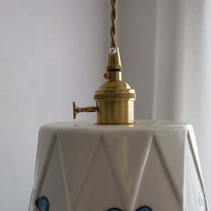 French Antique Brass Printed Ceramic Pendant Light