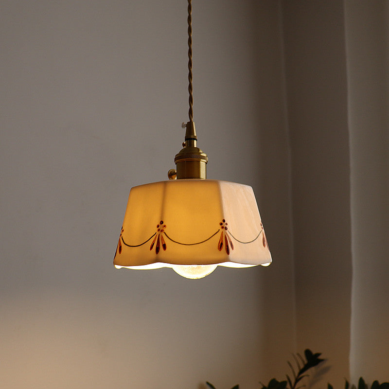 French Antique Brass Printed Ceramic Pendant Light