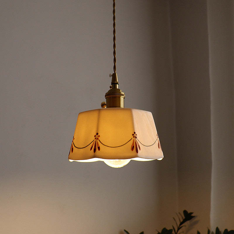 French Antique Brass Printed Ceramic Pendant Light
