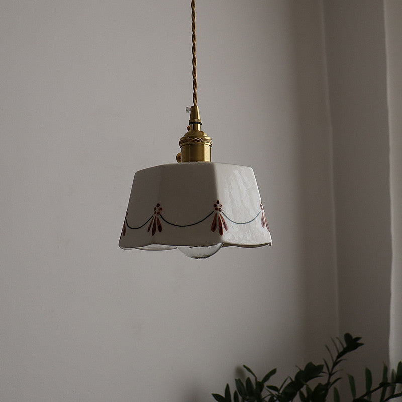 French Antique Brass Printed Ceramic Pendant Light