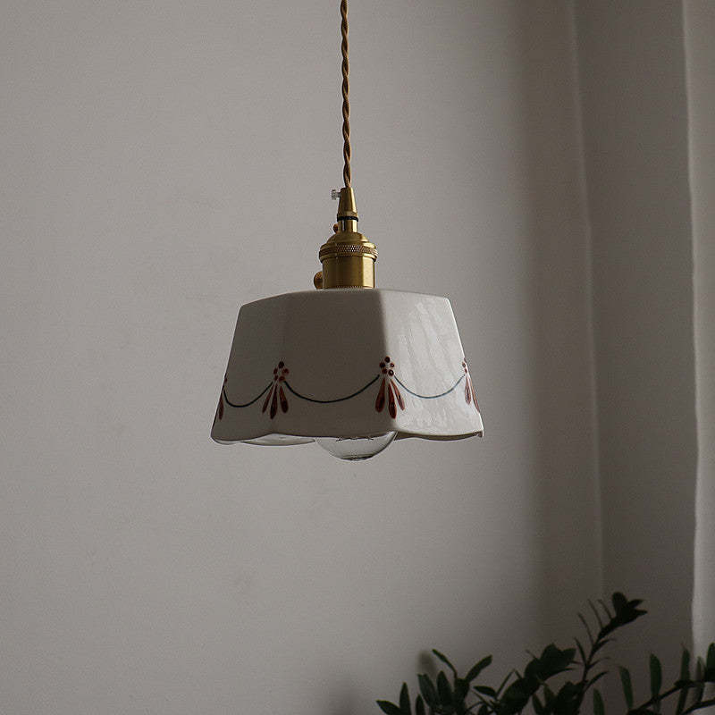 French Antique Brass Printed Ceramic Pendant Light