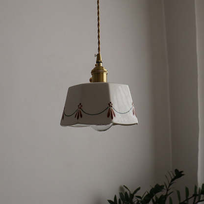 French Antique Brass Printed Ceramic Pendant Light