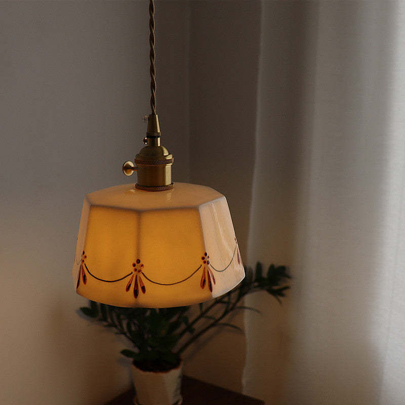French Antique Brass Printed Ceramic Pendant Light