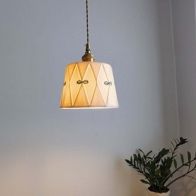 French Antique Brass Printed Ceramic Pendant Light