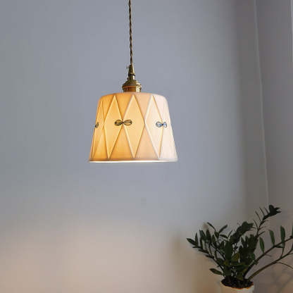 French Antique Brass Printed Ceramic Pendant Light