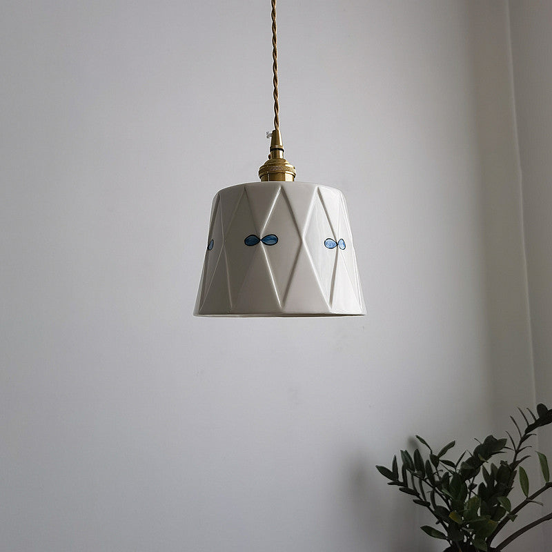 French Antique Brass Printed Ceramic Pendant Light