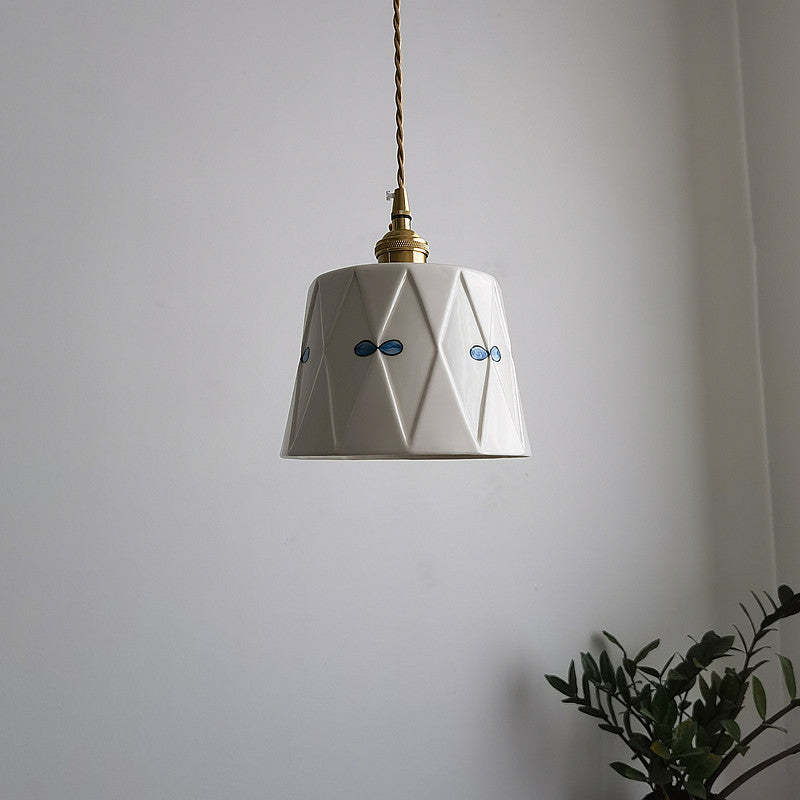 French Antique Brass Printed Ceramic Pendant Light