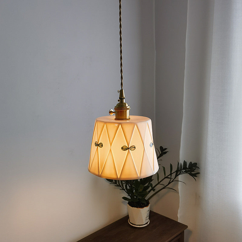 French Antique Brass Printed Ceramic Pendant Light
