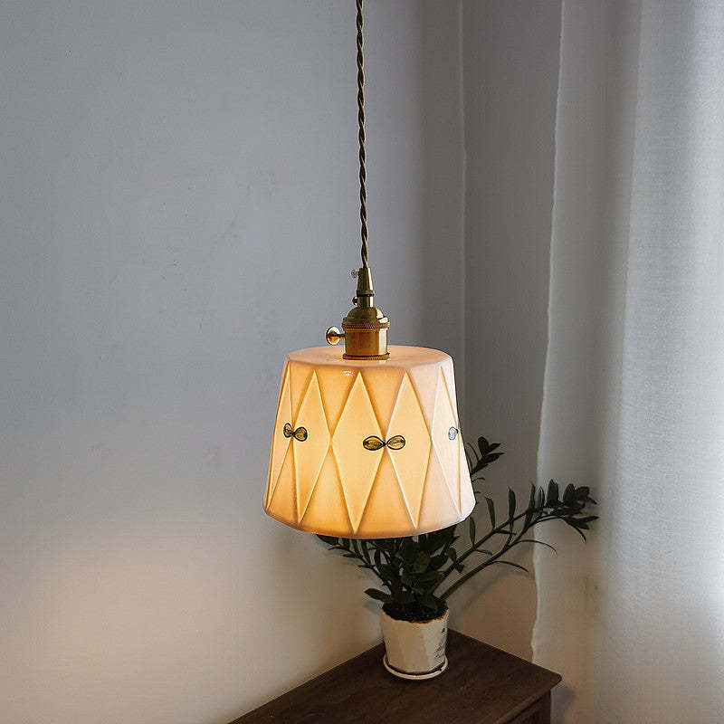French Antique Brass Printed Ceramic Pendant Light