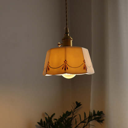 French Antique Brass Printed Ceramic Pendant Light