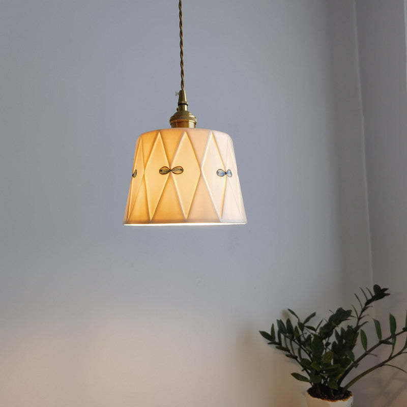 French Antique Brass Printed Ceramic Pendant Light