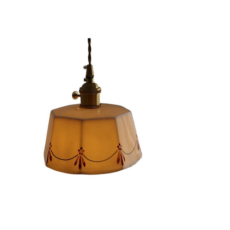French Antique Brass Printed Ceramic Pendant Light