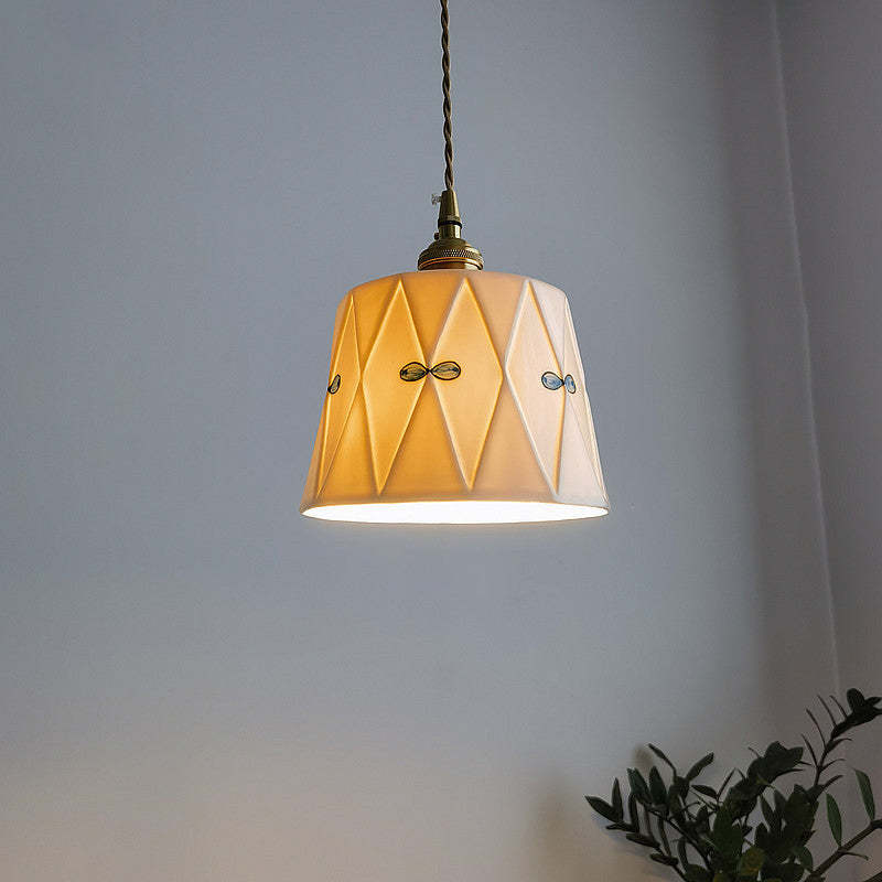 French Antique Brass Printed Ceramic Pendant Light