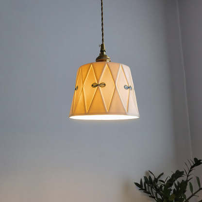 French Antique Brass Printed Ceramic Pendant Light