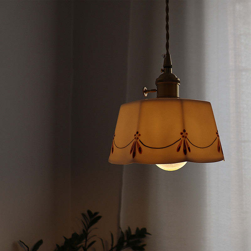 French Antique Brass Printed Ceramic Pendant Light