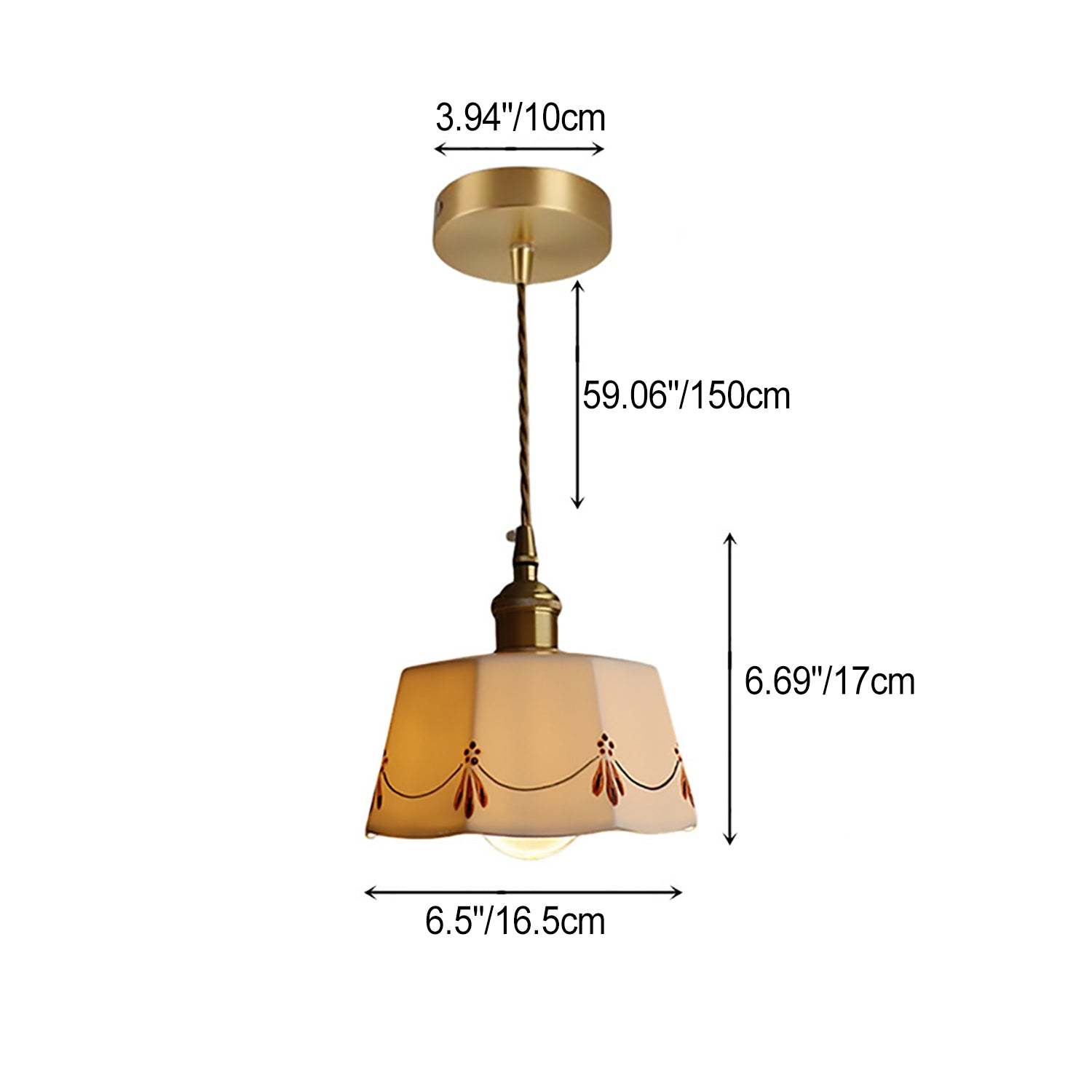 French Antique Brass Printed Ceramic Pendant Light