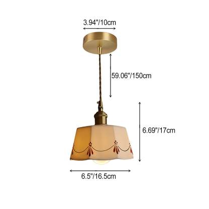 French Antique Brass Printed Ceramic Pendant Light