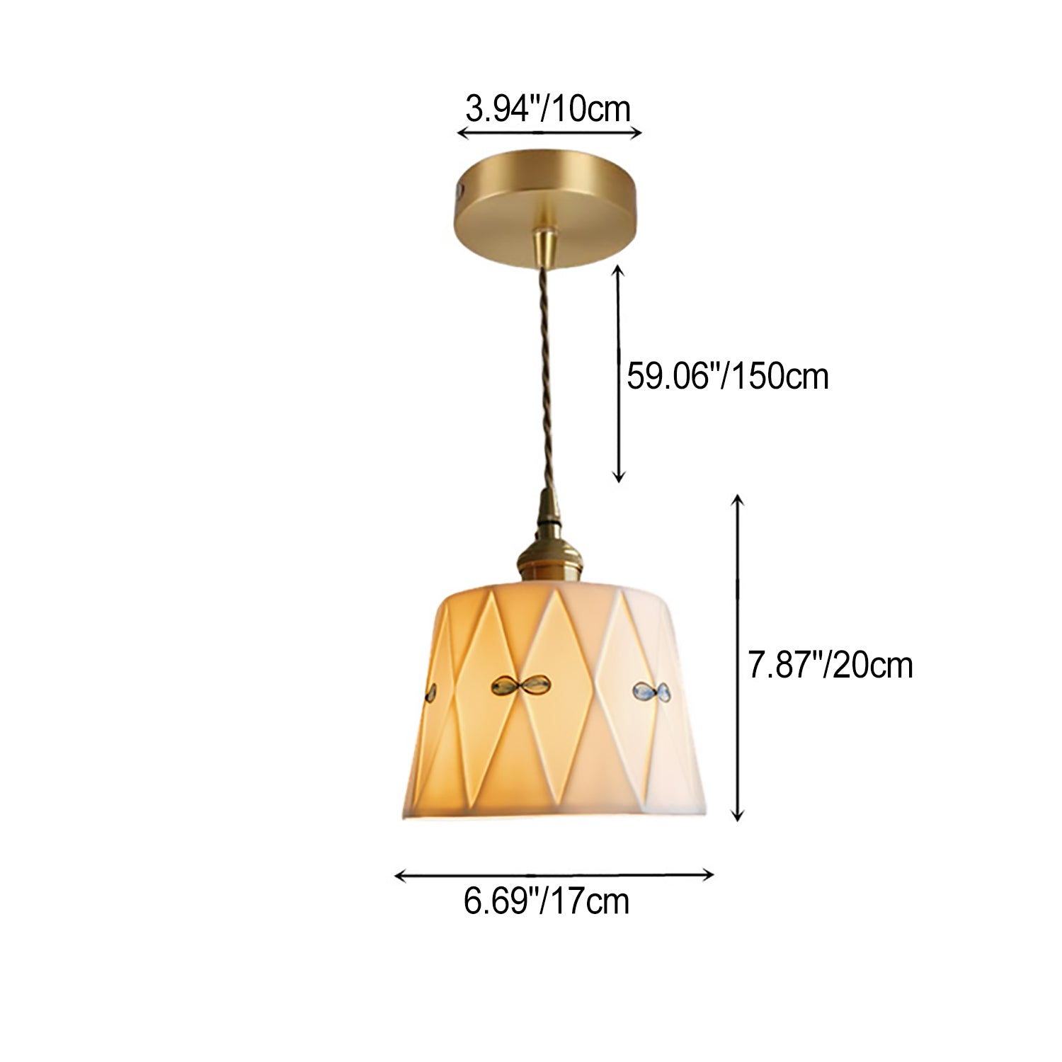 French Antique Brass Printed Ceramic Pendant Light