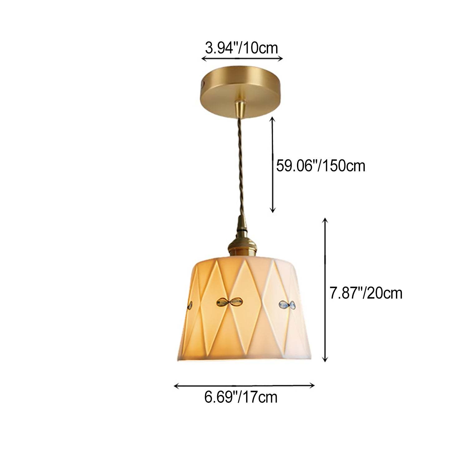 French Antique Brass Printed Ceramic Pendant Light