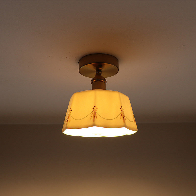 French Antique Brass Printed Ceramic Ceiling Light