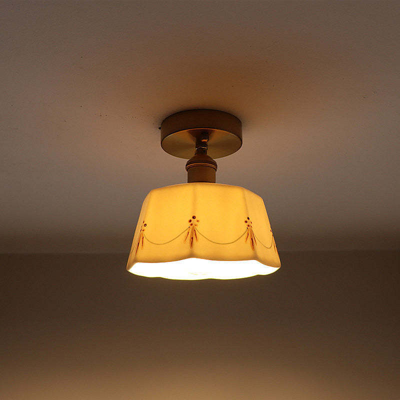 French Antique Brass Printed Ceramic Ceiling Light