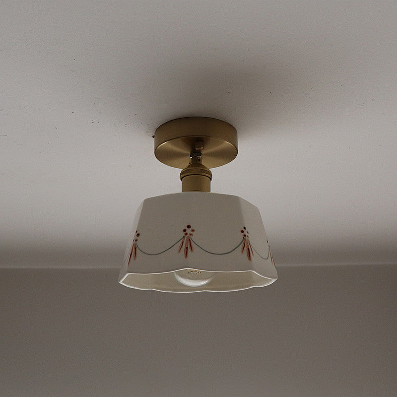 French Antique Brass Printed Ceramic Ceiling Light