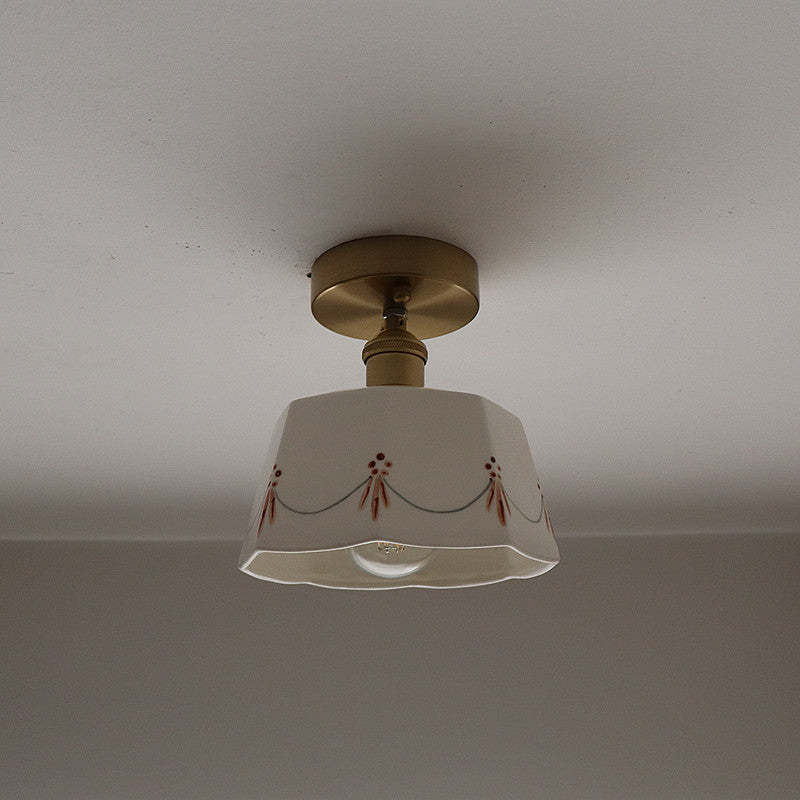 French Antique Brass Printed Ceramic Ceiling Light