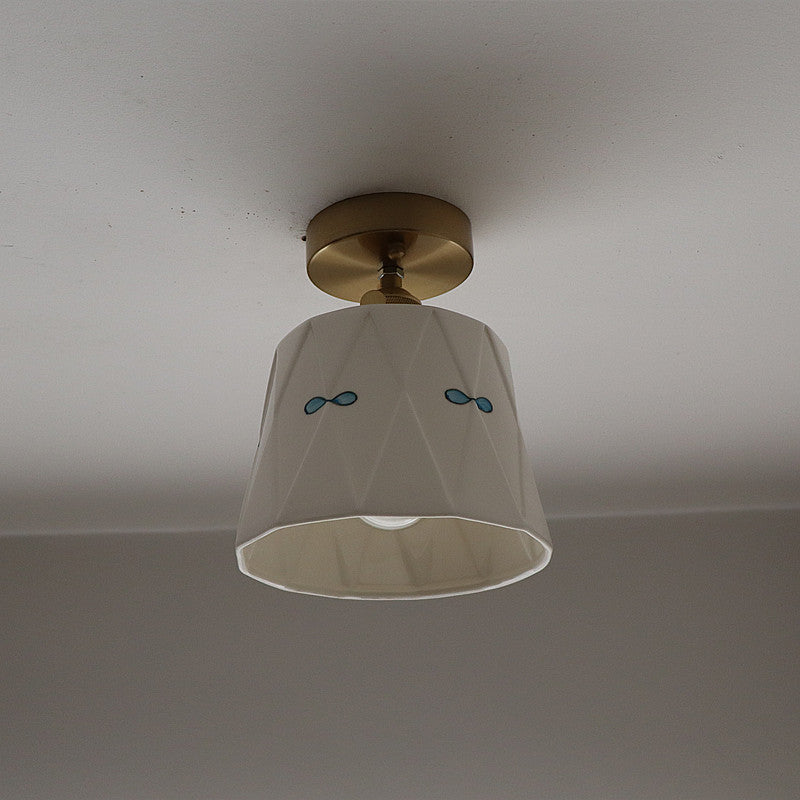 French Antique Brass Printed Ceramic Ceiling Light
