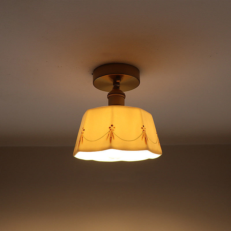 French Antique Brass Printed Ceramic Ceiling Light