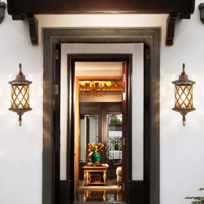Traditional Rustic Aluminum Ripple Glass Outdoor Wall Sconce — Small - Gold / 110V-120V For US/CA