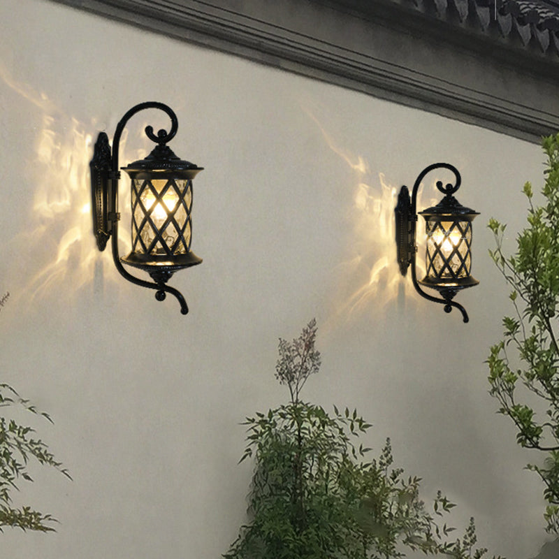 Traditional Rustic Aluminum Ripple Glass Outdoor Wall Sconce — Small - Black / 220V-240V For UK/AU