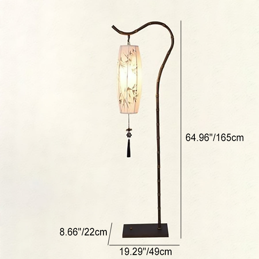Chinese Arc Iron Fabric Bamboo Lantern Floor Lamp