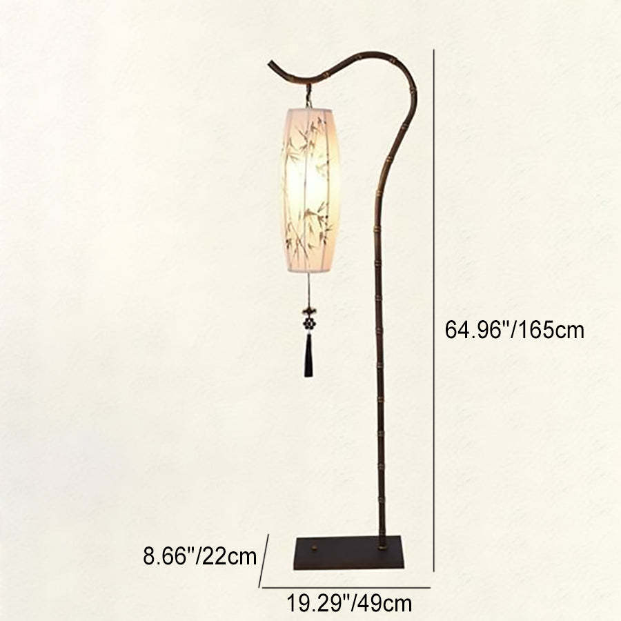 Chinese Arc Iron Fabric Bamboo Lantern Floor Lamp