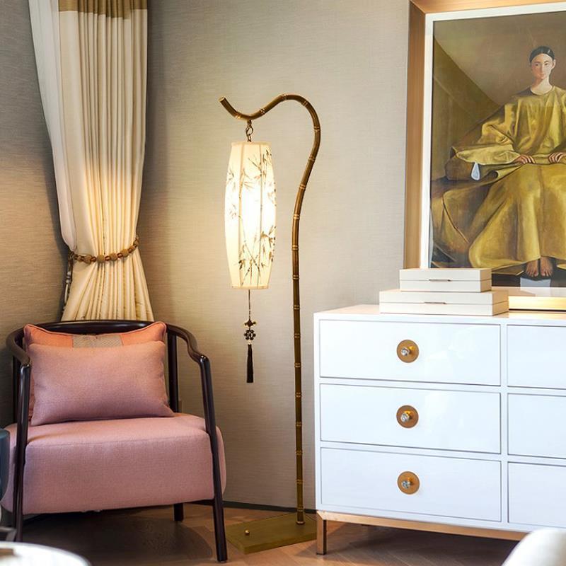 Chinese Arc Iron Fabric Bamboo Lantern Floor Lamp