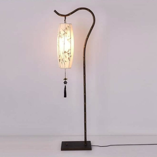 Chinese Arc Iron Fabric Bamboo Lantern Floor Lamp