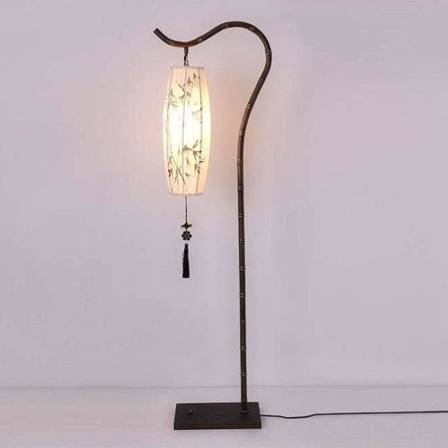 Chinese Arc Iron Fabric Bamboo Lantern Floor Lamp