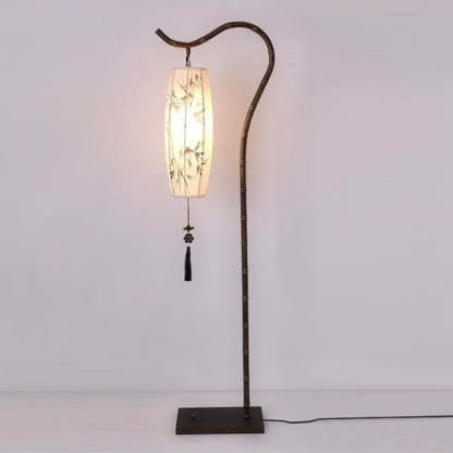 Chinese Arc Iron Fabric Bamboo Lantern Floor Lamp