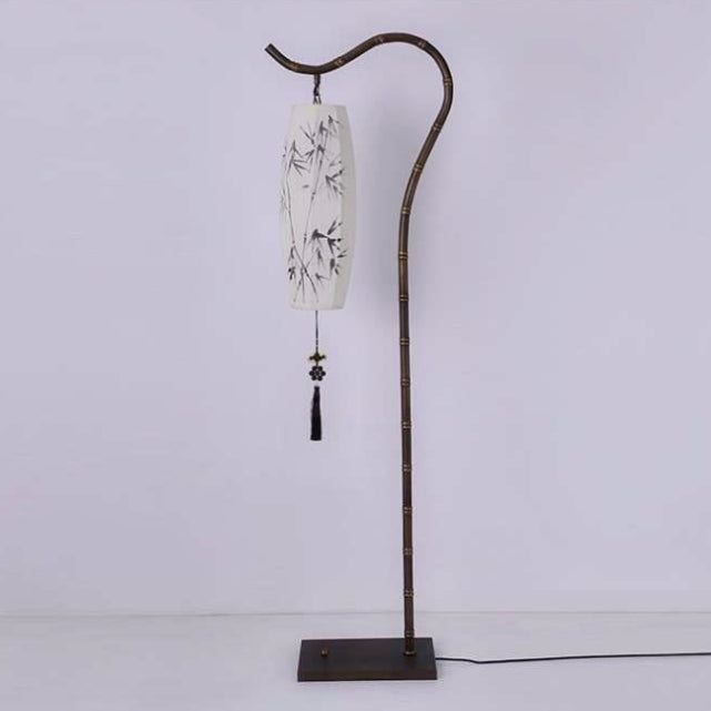 Chinese Arc Iron Fabric Bamboo Lantern Floor Lamp