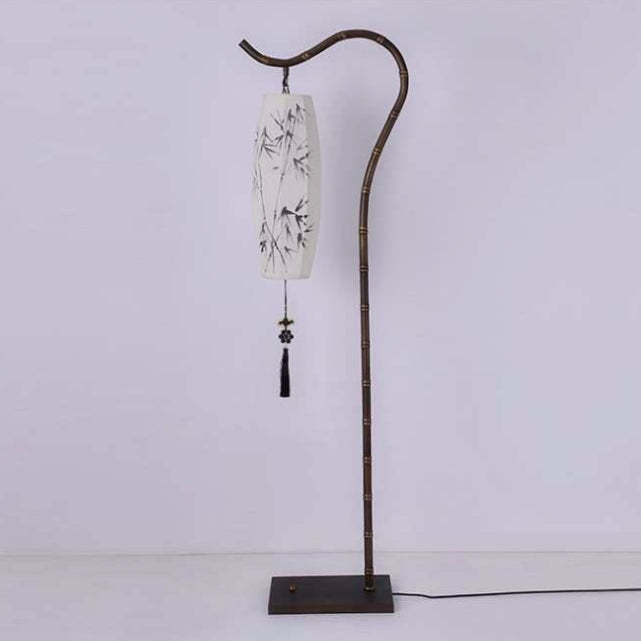 Chinese Arc Iron Fabric Bamboo Lantern Floor Lamp