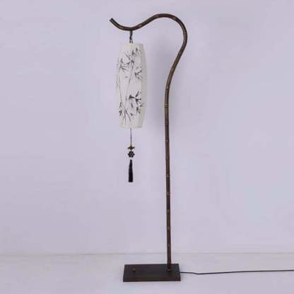 Chinese Arc Iron Fabric Bamboo Lantern Floor Lamp
