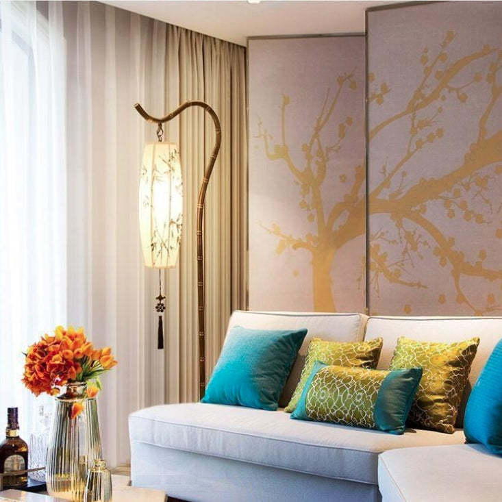 Chinese Arc Iron Fabric Bamboo Lantern Floor Lamp