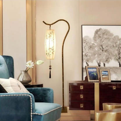 Chinese Arc Iron Fabric Bamboo Lantern Floor Lamp