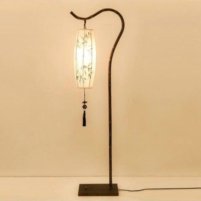 Chinese Arc Iron Fabric Bamboo Lantern Floor Lamp