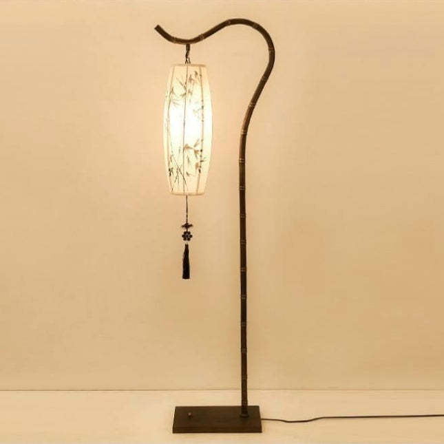 Chinese Arc Iron Fabric Bamboo Lantern Floor Lamp