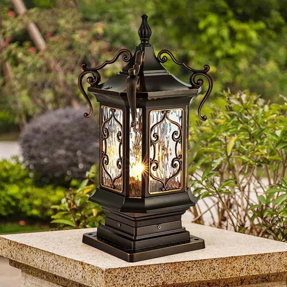European Cubic Ripple Glass Aluminum Carved Frame Post Light — 110V-120V For US/CA